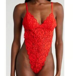 NWT $68 HAH Chase HAHround Lace Teddy Bodysuit Blood Orng Red Lingerie XS MEDIUM
